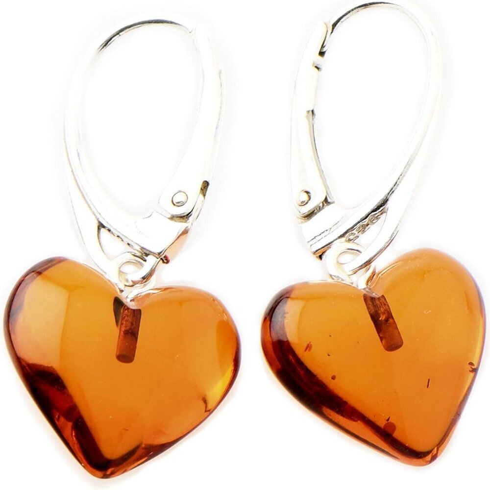 Cognac Amber Heart Earrings Sterling Silver Dangle Jewelry for Women